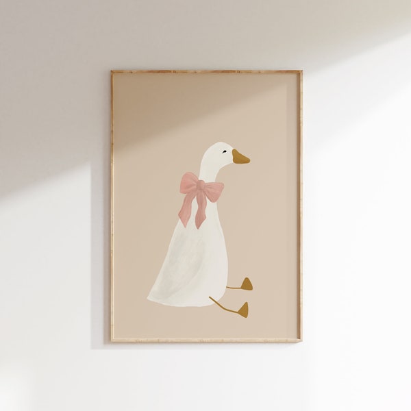 Art mural Silly Goose, affiche d'oie mignonne, décoration de chambre d'enfant beige, animaux de la ferme, imprimable, décoration de chambre coquette rose, impression d'oie avec noeud