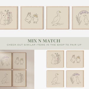 May include: Set of eight printable nursery art prints featuring illustrations of a rabbit, chicks, ducks, and flowers. The prints are in a minimalist style with black outlines and light pink and purple accents. The text "Mix N Match" and "Check out similar items in the shop to pair up" is at the bottom of the image.