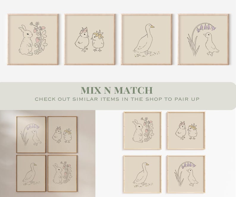 May include: Set of eight printable nursery art prints featuring illustrations of a rabbit, chicks, ducks, and flowers. The prints are in a minimalist style with black outlines and light pink and purple accents. The text "Mix N Match" and "Check out similar items in the shop to pair up" is at the bottom of the image.