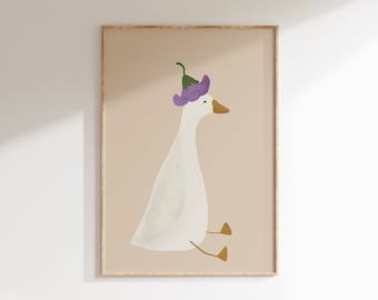 Silly Goose Wall Art Cute Goose Poster Neutral Girl Nursery Decor Goose Printable Blue Girls Room Print Goose with Flower Hat Illustration