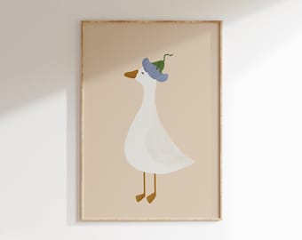 Silly Goose Wall Art Cute Goose Poster Neutral Girl Nursery Decor Goose Printable Blue Girls Room Print Goose with Flower Hat Illustration