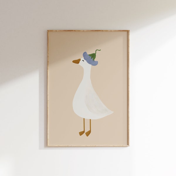 Silly Goose Wall Art Cute Goose Poster Neutral Girl Nursery Decor Goose Printable Blue Girls Room Print Goose with Flower Hat Illustration