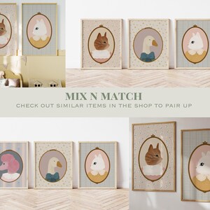 May include: Set of eight printable nursery art prints featuring various animals in pastel colors with floral backgrounds. The prints feature a cat, a goose, a poodle, and a bunny. The text "Mix N Match" and "Check out similar items in the shop to pair up" is displayed below the prints.