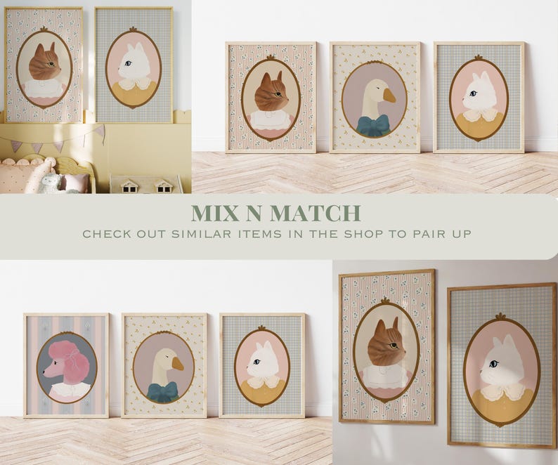 May include: Set of eight printable nursery art prints featuring various animals in pastel colors with floral backgrounds. The prints feature a cat, a goose, a poodle, and a bunny. The text "Mix N Match" and "Check out similar items in the shop to pair up" is displayed below the prints.