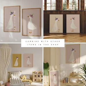 May include: Two printable art prints featuring a white goose wearing a purple flower hat on a pink background. The text "Combine with other items in the shop" is displayed below the prints.