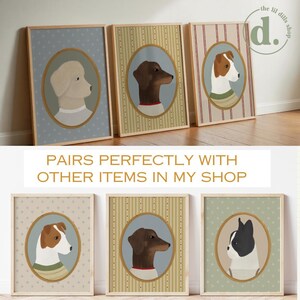 May include: Six framed dog portraits in a vintage style. Each portrait features a different dog breed in an oval frame, set against patterned backgrounds. The text "PAIRS PERFECTLY WITH OTHER ITEMS IN MY SHOP" is displayed below the frames.