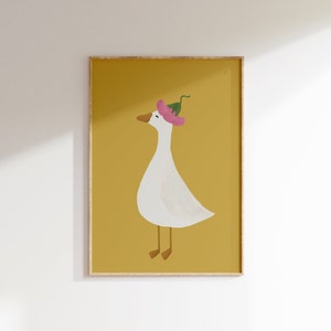 May include: A white goose with a pink flower on its head, illustrated on a yellow background.