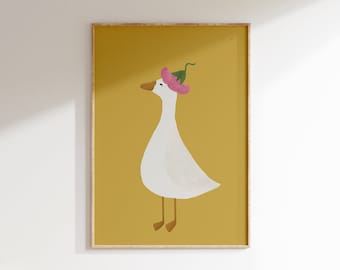 Silly Goose Wall Art Cute Goose Poster Yellow Girl Nursery Decor Goose Printable Floral Girls Room Print Goose with Flower Hat Illustration