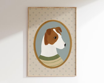 Arte de perro Jack Russell Terrier, estética vintage, decoración de habitación de la abuela milenaria, arte de perro para habitación de niño, decoración de guardería de perro, pintura de perro vintage, obra de arte de perro