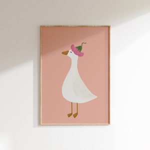 Silly Goose Wall Art Cute Goose Poster Pink Girl Nursery Decor Goose Printable Pink Girl's Room Kleurrijke Print Goose met Flower Hat Print