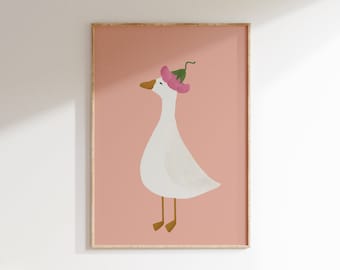 Silly Goose Wall Art Cute Goose Poster Pink Girl Nursery Decor Goose Printable Pink Girl's Room Colorful Print Goose with Flower Hat Print