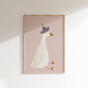 Ganso tonto pared arte lindo cartel de ganso rosa pálido niña vivero decoración ganso imprimible rosa niñas habitación impresión ganso con ilustración de sombrero de flores