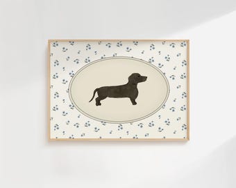 Dachshund Art Dog Sketch Blue Floral Little Girls Room Dog Nursery Wall Art Weiner Dog Gifts Grandmillenial Art Dog Nursery Print Dog Poster