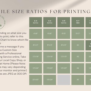 Puede incluir: Un gr&aacute;fico verde con el t&iacute;tulo "File Size Ratios for Printing" y una lista de diferentes tama&ntilde;os de papel y sus relaciones de aspecto correspondientes. El gr&aacute;fico est&aacute; dividido en columnas para cada relaci&oacute;n, con los tama&ntilde;os indicados en pulgadas.