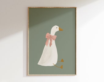 Silly Goose Wall Art Cute Goose Poster Sage Green Nursery Decor Farm Animal Printable Pink Coquette Room Decor Green Girl's Room Goose Print