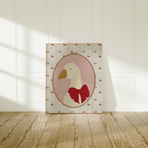 Vintage Goose Print, Grandmillenial Art, Coquette Art, Girl Goose Nursery Printable, Cottagecore Decor, Girl's Room Bow Art, Chinoiserie Art