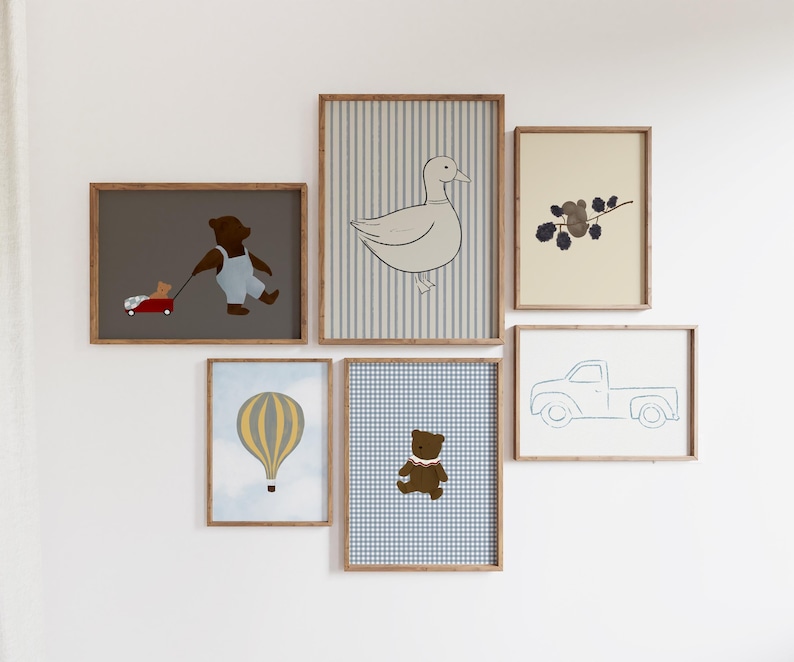 Boy Nursery Gallery Wall Set of 6 Boy's Room Print Set Adventure Nursery Teddy Bear Wall Art Blue Truck Print Hot Air Balloon Nursery Art image 10