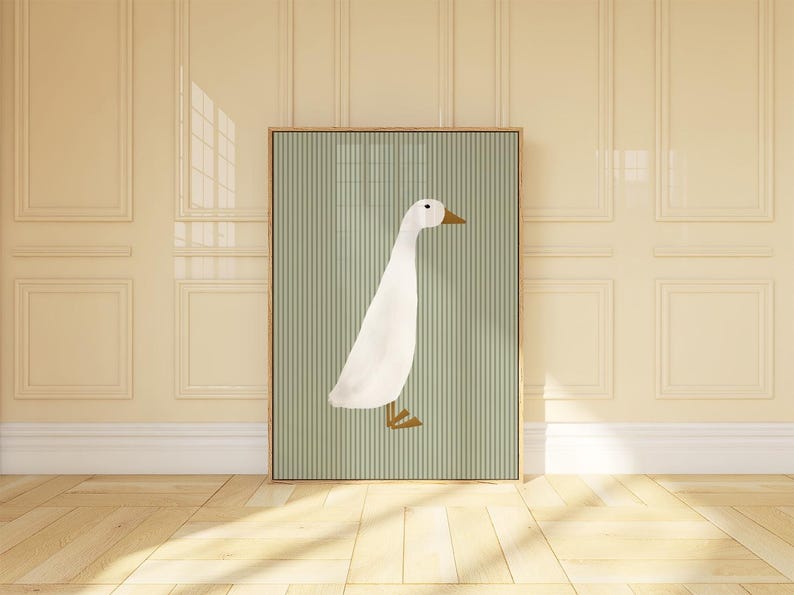 May include: A white duck illustration on a green and white striped background. The duck is facing to the right and has a brown beak and legs.