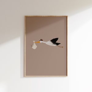 Arte minimalista de la pared del vivero, cigüeña con estampado de bebé, cigüeña voladora del vivero, decoración del vivero beige, vivero vintage imprimible, arte neutral de género