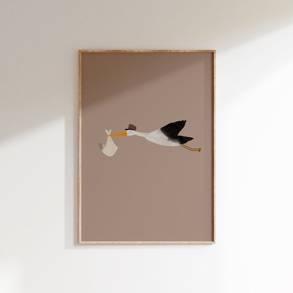 Minimalist Nursery Wall Art, Stork with Baby Print, Nursery Flying Stork, Beige Nursery Decor, Vintage Nursery Printable, Gender Neutral Art