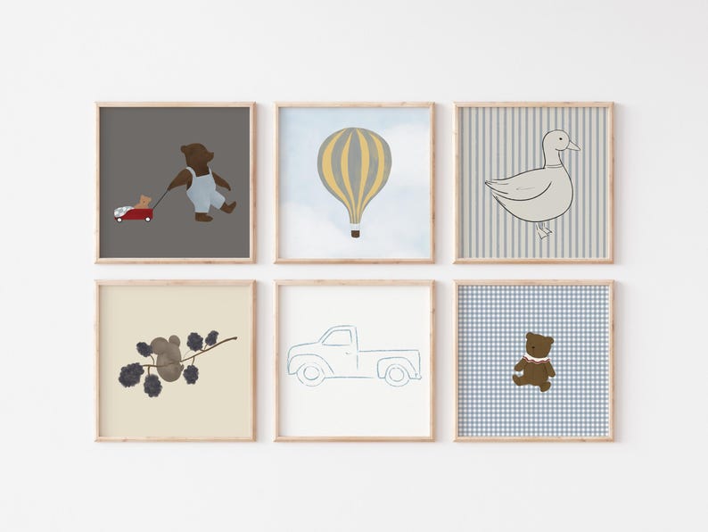 Boy Nursery Gallery Wall Set of 6 Boy's Room Print Set Adventure Nursery Teddy Bear Wall Art Blue Truck Print Hot Air Balloon Nursery Art image 3