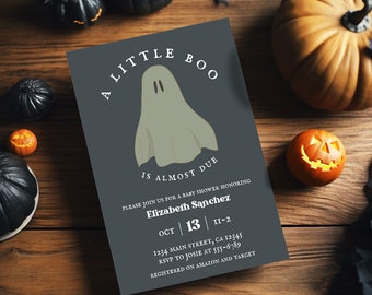 Little Boo bijna vanwege baby shower uitnodiging, Halloween Ghost uitnodigen, herfst baby, Boy Boho Ghost douche, bewerkbaar, sjabloon, Instant Download