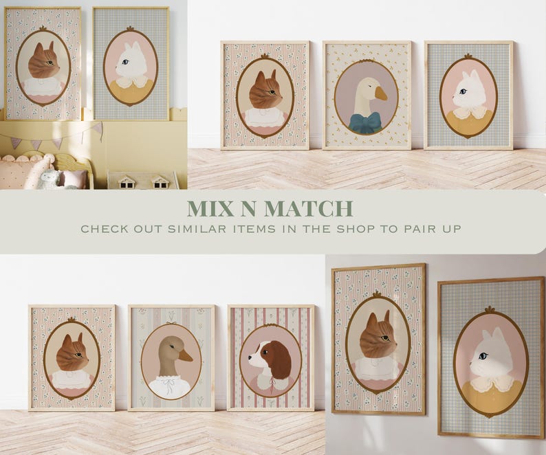 Pode incluir: Conjunto de oito impress&otilde;es de arte de ber&ccedil;&aacute;rio imprim&iacute;veis com v&aacute;rios animais, incluindo gatos, c&atilde;es e um ganso. As impress&otilde;es t&ecirc;m uma est&eacute;tica vintage com padr&otilde;es florais e cores pastel. As impress&otilde;es s&atilde;o perfeitas para o quarto de uma crian&ccedil;a ou um ber&ccedil;&aacute;rio.
