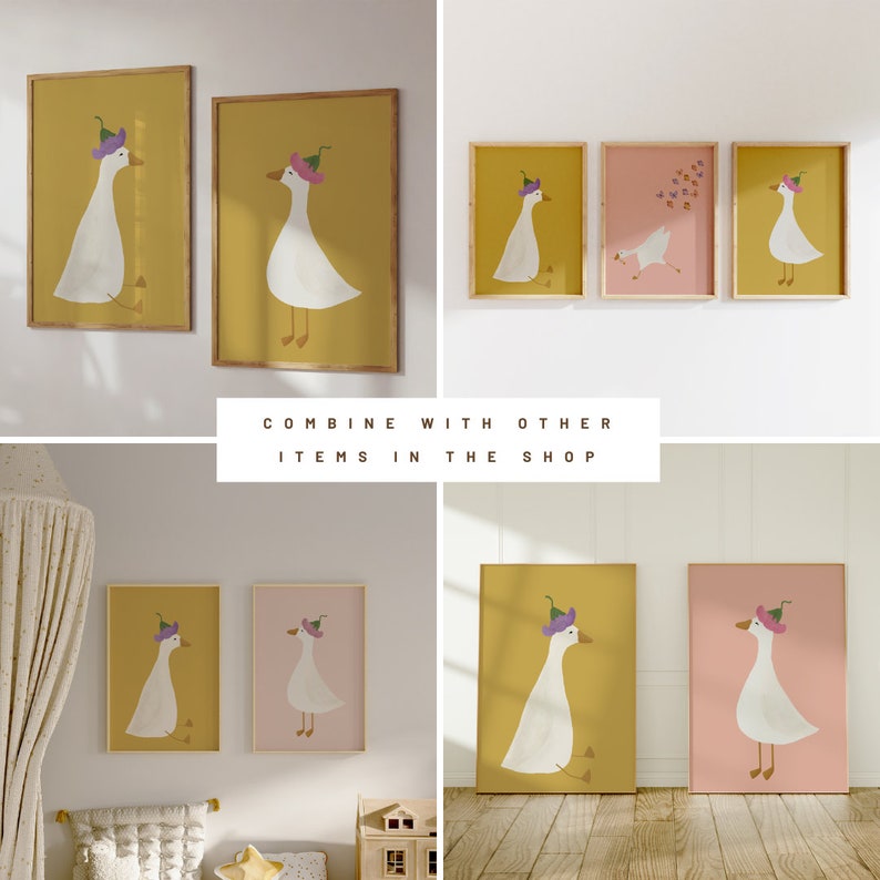 May include: Three framed prints featuring illustrations of white geese wearing purple and pink flower hats. The geese are on a yellow background in two of the prints and a pink background in the third print. The text "COMBINE WITH OTHER ITEMS IN THE SHOP" is displayed below the prints.