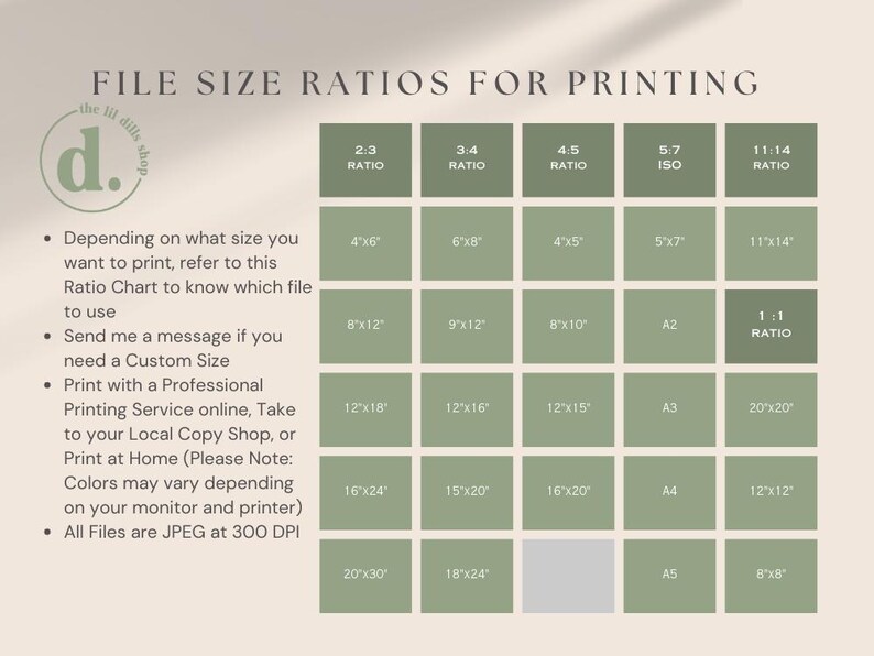 May include: A green chart with the title "File Size Ratios for Printing" and a list of different paper sizes and their corresponding aspect ratios. The chart is divided into columns for each ratio, with the sizes listed in inches.
