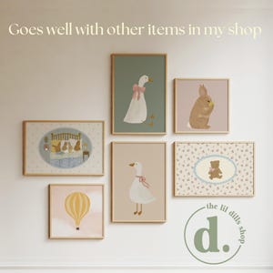 May include: A collection of framed art prints featuring whimsical illustrations of animals and a hot air balloon. The prints include a goose with a pink bow, a rabbit, and a teddy bear. The text "Goes well with other items in my shop" is at the top.