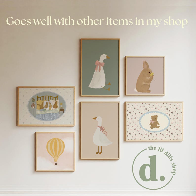 May include: A collection of framed art prints featuring whimsical illustrations of animals and a hot air balloon. The prints include a goose with a pink bow, a rabbit, and a teddy bear. The text "Goes well with other items in my shop" is at the top.
