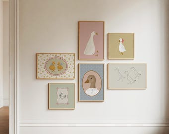 Girls Gallery Wall Set of 6 Printables Little Girls Room Bright Nursery Decor Silly Goose Art Duck Wall Art Cottagecore Nursery Farm Nursery