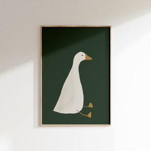 Arte de parede de ganso bobo, pôster fofo de ganso, decoração de berçário verde-escuro para meninos, animal de fazenda para impressão, ilustração de quarto infantil, quarto infantil de ganso