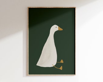 Silly Goose Wall Art, Cute Goose Poster, Dark Green Boy Nursery Decor, Farm Animal Printable, Kid's Room Illustration, Goose Children's Room