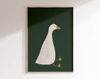 Silly Goose kunst aan de muur, schattige gans poster, donkergroene jongen kinderkamer decor, boerderij dieren afdrukbaar, kinderkamer illustratie, gans kinderkamer