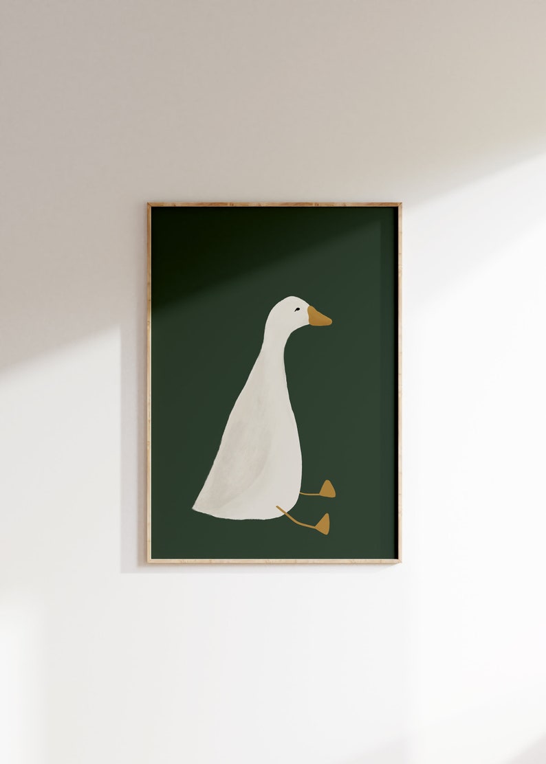 Silly Goose Wall Art, Cute Goose Poster, Dark Green Boy Nursery Decor, Farm Animal Printable, Kid's Room Illustration, Goose Children's Room image 1