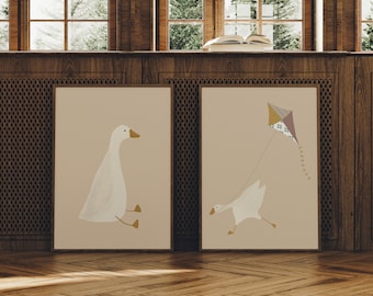 Silly Goose Wall Art Cute Goose Poster Beige Nursery Decor Farm Animal Print Set Kid's Room Illustration Neutral Goose Farm Nursery Decor