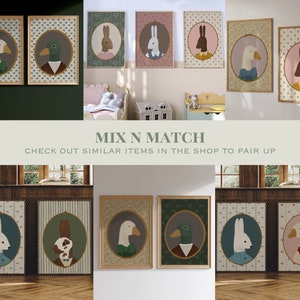 May include: A set of eight framed prints featuring illustrations of animals wearing clothing. The prints are in a variety of colors, including green, pink, and blue. The animals include a duck, a goose, a rabbit, and a deer. The text "MIX N MATCH" and "CHECK OUT SIMILAR ITEMS IN THE SHOP TO PAIR UP" is displayed below the prints.