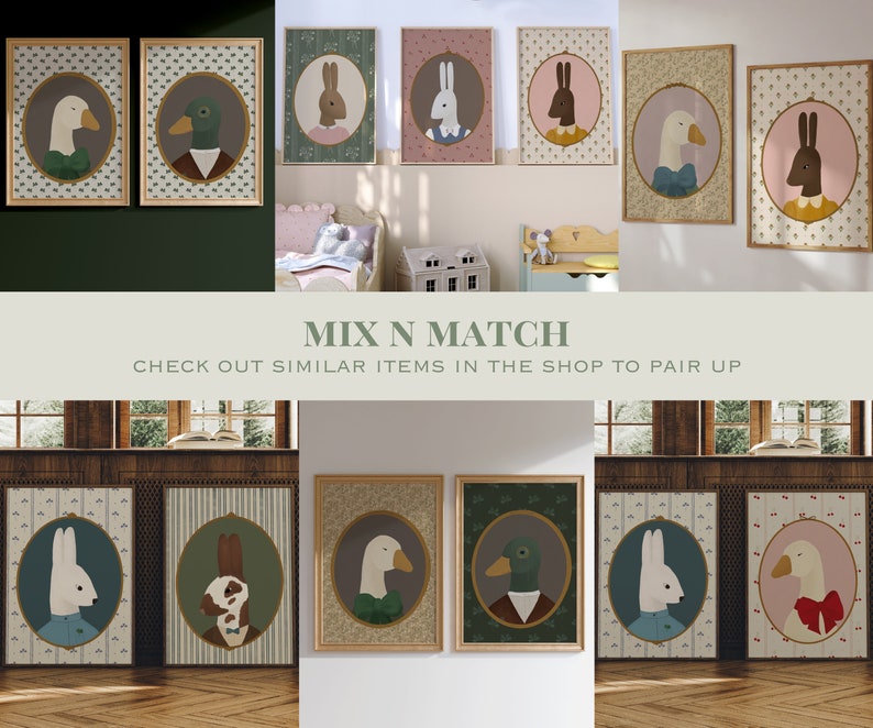 May include: A set of eight framed prints featuring illustrations of animals wearing clothing. The prints are in a variety of colors, including green, pink, and blue. The animals include a duck, a goose, a rabbit, and a deer. The text "MIX N MATCH" and "CHECK OUT SIMILAR ITEMS IN THE SHOP TO PAIR UP" is displayed below the prints.