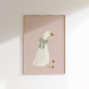 Arte de pared de ganso tonto, lindo póster de ganso, decoración de guardería verde salvia, animal de granja imprimible, decoración de habitación de coqueta rosa, impresión de ganso para habitación de niña verde