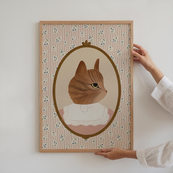 Whimsical Cat Art Vintage Cat Print Cat Nursery Decor Cottagecore Grandmillenial Room Decor Maine Coon Cat Pet Portrait Printable Girls Room