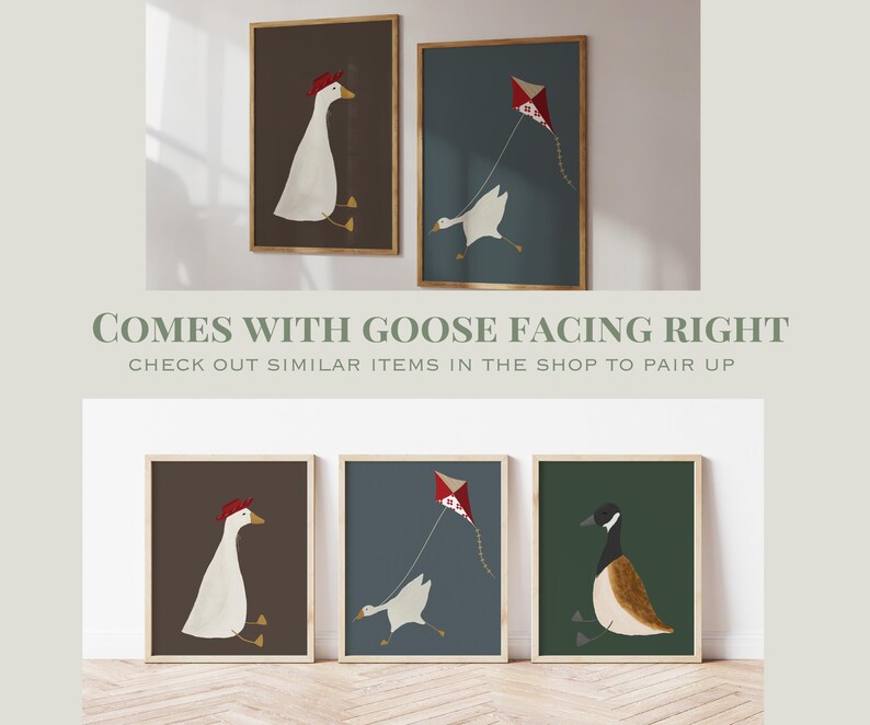 May include: Three framed prints featuring illustrations of geese. The first print shows a goose wearing a red hat and facing left. The second print shows a goose flying with a red kite. The third print shows a goose facing right with a green background.