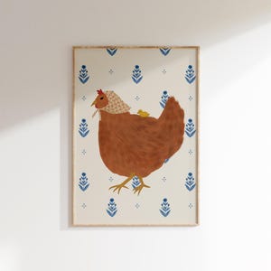 Impresión artística de gallina y pollito, arte de pared de granja, decoración de guardería infantil, póster cottagecore, regalo para amantes de los pollos