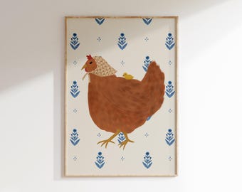 Hen Art Farm House Art Print Farmhouse Chicken Wall Art Hen and Chick Printable Farm Nursery Decor Cottagecore Poster Chicken Lover Gift