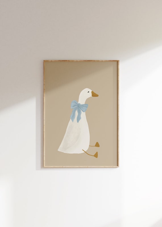 Silly Goose Wall Art Cute Goose Dark Beige Nursery Decor Farm Animal Printable, Blue Coquette Room Decor Girl's Room Goose with Bow Print