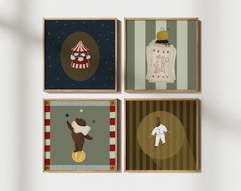 Conjunto de 4 impressões de arte divertidas de circo para berçário, decoração de berçário de circo, carrossel, animais de circo, arte circense, tema de carnaval vintage