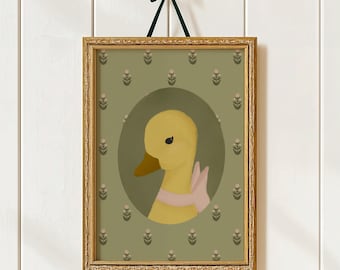 Lámina decorativa para habitación infantil con estampado de patos, estilo casita, en tonos verde salvia y rosa.