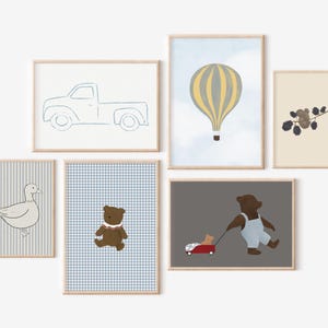 Boy Nursery Gallery Wall Set of 6 Boy's Room Print Set Adventure Nursery Teddy Bear Wall Art Blue Truck Print Hot Air Balloon Nursery Art image 2