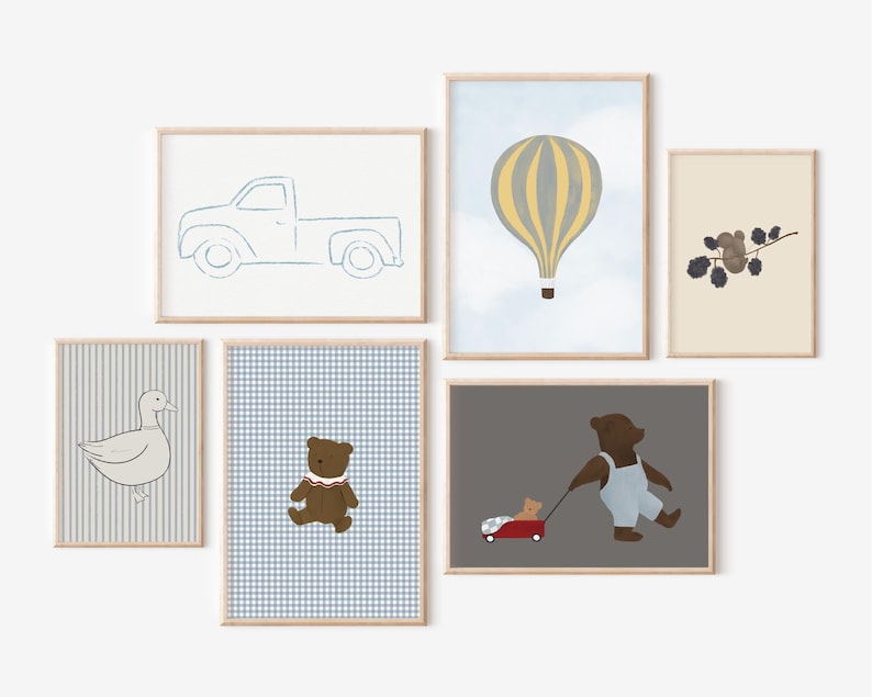 Boy Nursery Gallery Wall Set of 6 Boy's Room Print Set Adventure Nursery Teddy Bear Wall Art Blue Truck Print Hot Air Balloon Nursery Art image 2