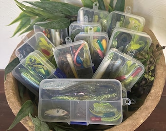 May include: A collection of clear plastic tackle boxes filled with various fishing lures, including soft plastic worms, crankbaits, and hooks. The boxes are arranged in a decorative, textured bowl with green foliage accents, creating a visually appealing display for anglers.